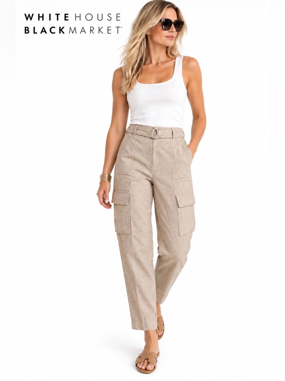 White House Black Market Belted Tapered Ankle Linen-Blend Cargo Pants